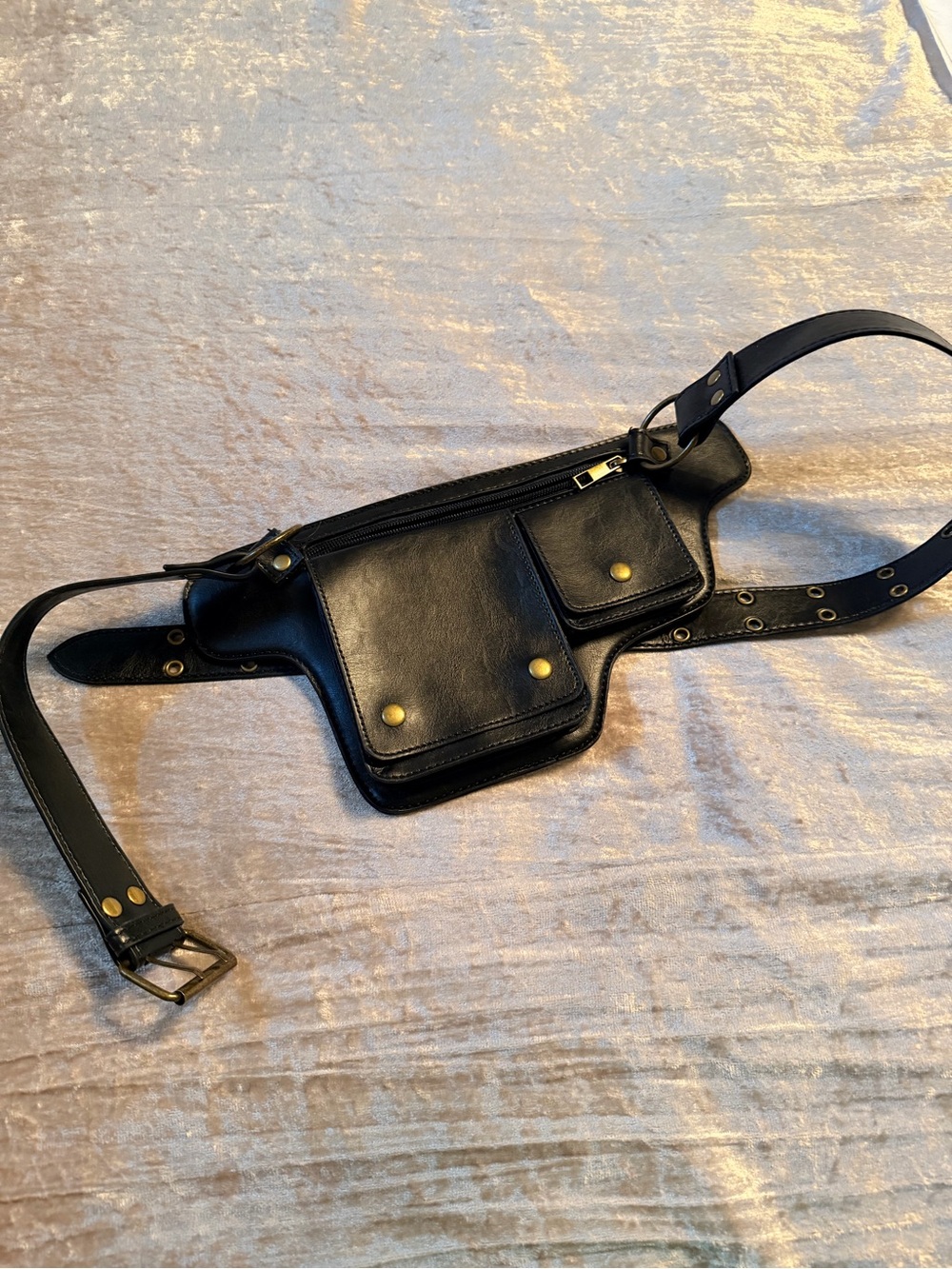 Black Leather Belt Bag with Double Front Pockets and one bag zipper pouch